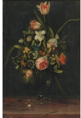 STILL LIFE OF ROSES, TULIPS, NARCISSUS AND OTHER FLOWERS IN A GLASS VASE