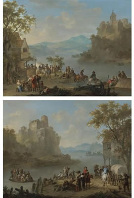 A MOUNTAINOUS RIVER LANDSCAPE WITH NUMEROUS FIGURES ON THE RIVERBANK, MEN DRINKING IN A QUAYSIDE TAVERN BEYOND; A MOUNTAINOUS RIVER LANDSCAPE WITH A FERRY CROWDED WITH FIGURES BENEATH A CASTLE (2)