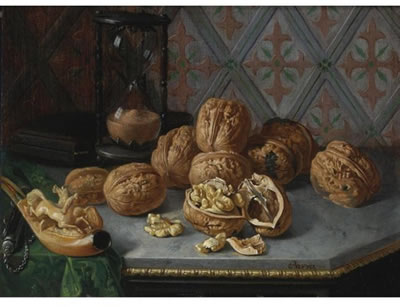 STILL LIFE WITH WALLNUTS, A PIPE AND HOURGLASS ON A GREY MARBLE LEDGE