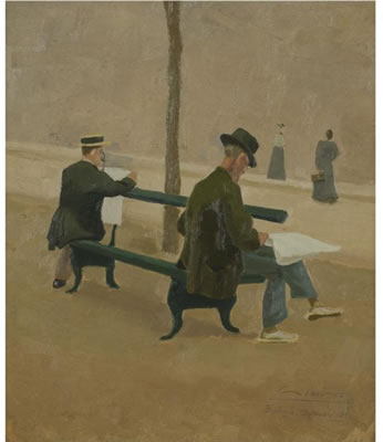 MESSIEURS LISANT SUR UN BANC, ET PASSANTES