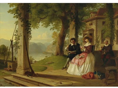 WASHINGTON IRVING READING KNICKERBOCKER'S HISTORY OF NEW YORK TO HIS WIFE ON THE
