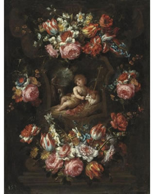 CARTOUCHE WITH TULIPS, ROSES AND OTHER FLOWERS AND SAINT JOHN THE BAPTIST by Bartolomeo Perez - Auction record, sale price, and art valuation. Compare with similar artists and explore comparable artworks.