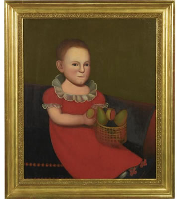 PORTRAIT OF A CHILD IN A RED DRESS AND RED-RIBBONED SHOES HOLDING A BASKET OF FRUIT: DORMAN THEODORE WARREN OF TOWNSEND,MASSACHUSETTS