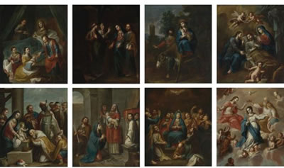 EL NACIMIENTO DE LA VIRGEN; LA LLEGADA A BELÉN; LA ADORACIÓN DE LOS REYES MAGOS; LA PRESENTACIÓN EN EL TEMPLO; LA HUIDA A EGIPTO; LA MUERTE DE SAN JOSÉ; PENTECOSTÉS; LA ASUNCIÓN DE LA VIRGEN (8)