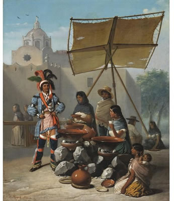 INDIO CON TRAJE DE GALA EN PUESTO DE COMIDA