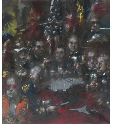 Sample artwork by Jack Levine (1915 - 2010), known for mod genre, social satire, caricature - View similar artists and auction records
