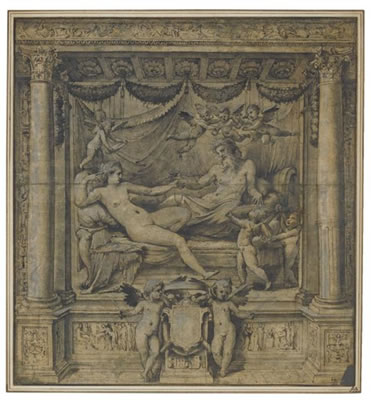 JUPITER AND JUNO RECLINING IN AN ALCOVE ATTENDED BY AMORINI, TWO OTHERS HOLDING A HERALDIC SHIELD BELOW