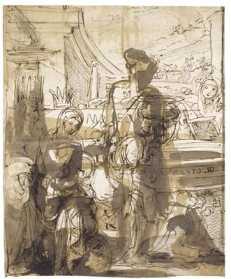 RECTO: STUDIES FOR AN ADORATION AND THE FINDING OF MOSES AND OTHER STUDIES, A CLASSICAL BUILDING IN THE BACKGROUND; VERSO: THE FINDING OF MOSES AND A LANDSCAPE WITH CLASSICAL BUILDINGS AND A STUDY OF A HEAD WITH A HELMET IN THE SHAPE OF A SNAIL by Fortunato Duranti - Auction record, sale price, and art valuation. Compare with similar artists and explore comparable artworks.