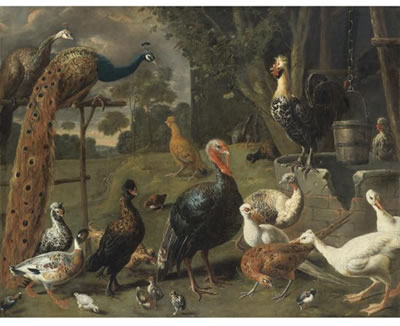 PEACOCK AND PEAHEN ON A PERCH, TURKEYS, A PHEASANT AND POULTRY BY A WELL
