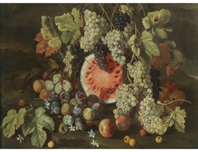 STILL LIFE IN A LANDSCAPE, WITH GRAPES, WATERMELONS, FIGS AND APPLES by Giovanni Battista Ruoppolo - Auction record, sale price, and art valuation. Compare with similar artists and explore comparable artworks.