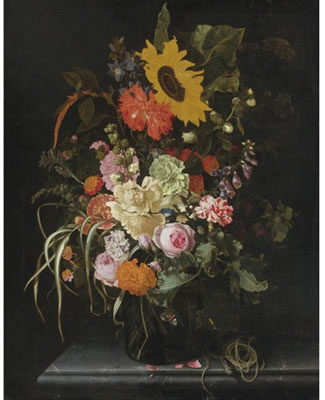 STILL LIFE OF ROSES, CARNATIONS, MARIGOLDS AND OTHER FLOWERS WITH A SUNFLOWER AND STRIPED GRASS, IN A GLASS VASE WITH A KNIFE AND STRING UPON A MARBLE