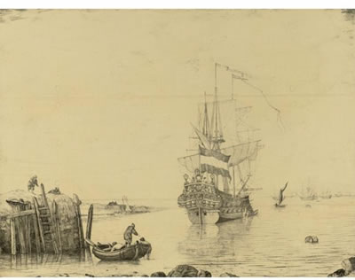ZEELAND MAN-OF-WAR IN A CALM OF A JETTY, A ROWING BOAT IN THE FOREGROUND