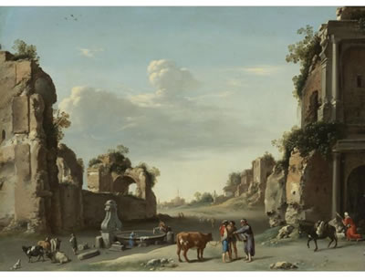 CAPRICCIO OF ROMAN RUINS WITH A MERCHANT BUYING A BULL, A WASHERWOMAN AT A FOUNTAIN AND DROVERS IN THE FOREGROUND, CASTEL SANT'ANGELO IN THE DISTANCE