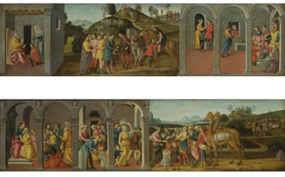 TWO CASSONE PANELS WITH SCENES FROM THE LIFE OF JOSEPH THE FORMER (FROM LEFT TO RIGHT): JOSEPH BEFORE JACOB AND RACHEL; JOSEPH'S BROTHERS SELL HIM TO 