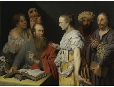 A SCHOLAR IN HIS STUDY WITH FIGURES WITH MASKS, POSSIBLY AN ALLEGORY