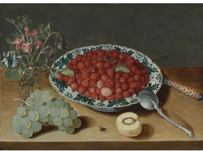A STILL LIFE WITH STRAWBERRIES IN A WAN-LI PORCELAIN BOWL, A BUNCH OF GRAPES, A GLASS VASE WITH COLUMBINES AND EGLANTINE, A SILVER SPOON, AN INLAID KNIFE AND A HALF PEACH WITH A FLY AND DRAGON FLY ON A WOODEN TABLE TOP