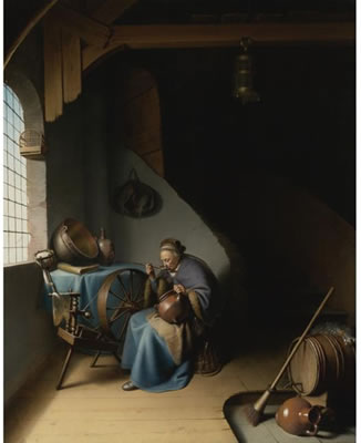 AN ELDERLY WOMAN, SEATED BY A WINDOW AT HER SPINNING WHEEL, EATING PORRIDGE