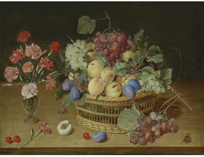A STILL LIFE WITH A VASE OF CARNATIONS AND A BASKET OF PEACHES, PLUMS, BLACK AND WHITE GRAPES, AND CHERRIES ON A WOODEN TABLE TOP, WITH A MAYBUG, A RED ADMIRAL BUTTERFLY AND A BLUEBOTTLE by Jacob van Hulsdonck - Auction record, sale price, and art valuation. Compare with similar artists and explore comparable artworks.