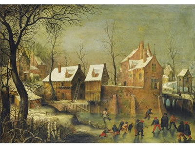 TOWNSCAPE WITH SKATERS ON A FROZEN RIVER