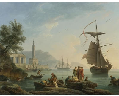 A MEDITERRANEAN HARBOR AT SUNSET WITH FISHERFOLK AT THE WATER'S EDGE, A LIGHTHOUSE