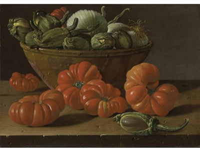 STILL LIFE WITH TOMATOES, A BOWL OF AUBERGINES AND ONIONS