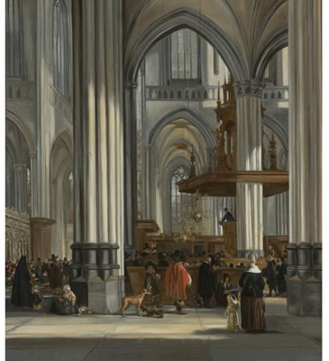 THE INTERIOR OF THE OUDE KERK, AMSTERDAM WITH A SERMON IN PROGRESS