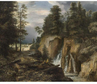 ROCKY LANDSCAPE WITH A WATERFALL AND TWO FIGURES RESTING