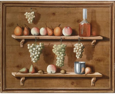 TROMPE L'OEIL OF PEARS, APPLES AND NUTS RESTING ON LEDGES AND BUNCHES OF GRAPES HANGING FROM LEDGES ALL WITHIN A PAINTED FRAME