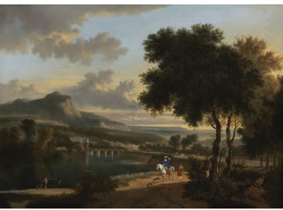 AN EXTENSIVE LANDSCAPE WITH TRAVELLERS, FISHERMEN AND CATTLE DROVERS ON A PATH WITH A ROMAN BRIDGE BEYOND