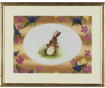 Bunny Rabbit in oval with decorative floral border