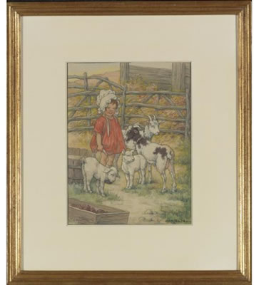 Little girl with a family of goats by Clara Miller Burd - Auction record, sale price, and art valuation. Compare with similar artists and explore comparable artworks.