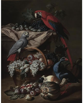 STILL LIFE WITH TWO PARROTS, A GUINEA PIG, A BASKET OF FRUIT AND FOWL by Jacob Van De Kerckhoven - Auction record, sale price, and art valuation. Compare with similar artists and explore comparable artworks.