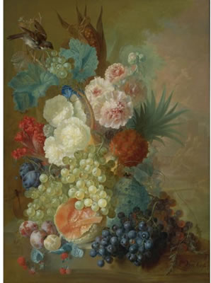 STILL LIFE OF PEONIES, A COCK'S COMB AND MORNING GLORIES WITH A PINEAPPLE, EAR OF CORN, MELONS, GRAPES, PLUMS AND RASPBERRIES ALL RESTING ON A STONE LEDGE WITH A FINCH, A DRAGONFLY AND OTHER INSECTS, A ROCKY LANDSCAPE WITH A WATERFALL, TOWER AND BRIDGE BE by Jan van Os - Auction record, sale price, and art valuation. Compare with similar artists and explore comparable artworks.