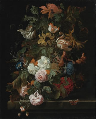 STILL LIFE OF FLOWERS IN A GLASS VASE WITH A BUTTERFLY ON A LEDGE