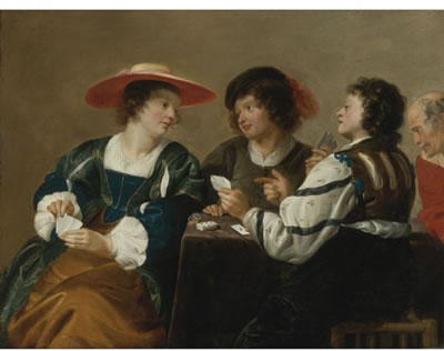 A WOMAN AND THREE MEN SEATED AROUND A TABLE PLAYING CARDS