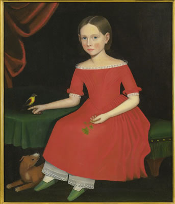 PORTRAIT OF A WINSOME YOUNG GIRL IN RED WITH GREEN SLIPPERS, DOG AND BIRD