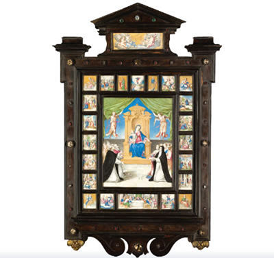A PORTABLE ALTARPIECE, WITH THE VIRGIN AND CHILD ENTHRONED, FLANKED BY TWO ANGELS, POPE PIUS V AND VARIOUS SAINTS IN ADORATION; THE CENTRAL IMAGE SURROUNDED BY TWENTY THREE SMALLER SCENES by Giovanni Battista Castello - Auction record, sale price, and art valuation. Compare with similar artists and explore comparable artworks.