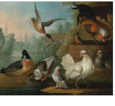 STILL LIFE WITH COCKERELS, DUCKS, A KINGFISHER AND A PIGEON IN A RIVER LANDSCAPE by Marmaduke Cradock - Auction record, sale price, and art valuation. Compare with similar artists and explore comparable artworks.