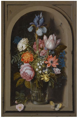 A STILL LIFE OF FLOWERS IN A GLASS BEAKER SET IN A MARBLE NICHE