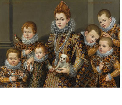 PORTRAIT OF BIANCA DEGLI UTILI MASELLI, HALF LENGTH, IN AN INTERIOR, HOLDING A DOG AND SURROUNDED BY SIX OF HER CHILDREN