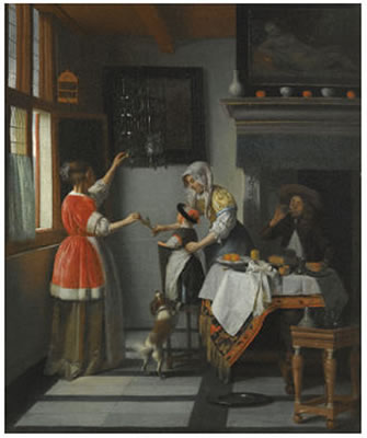 INTERIOR WITH A CHILD FEEDING A PARROT