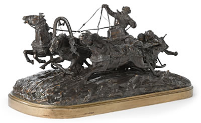 A MONUMENTAL RUSSIAN BRONZE GROUP: A PLEASURE RIDE IN A WINTER TROIKA