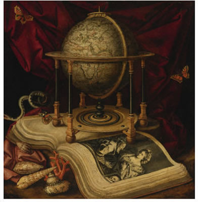 VANITAS STILL LIFE WITH A TERRESTRIAL GLOBE, A BOOK, SHELLS, A SNAKE AND BUTTERFLIES