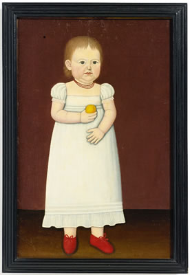 FULL LENGTH PORTRAIT OF A YOUNG CHILD IN RED SHOES, WHITE DRESS AND HOLDING A PEACH by John Brewster Jr - Auction record, sale price, and art valuation. Compare with similar artists and explore comparable artworks.
