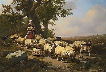 A SHEPHERDESS WITH HER FLOCK