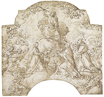 CHRIST IN GLORY, ADORED BY THE VIRGIN, ST. FRANCIS, A SAINT AND ANGELS