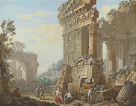 A CAPRICCIO OF CLASSICAL RUINS WITH PEASANTS IN THE FOREGROUND