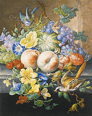 STILL LIFE OF FLOWERS AND FRUITS, WITH TWO BIRDS