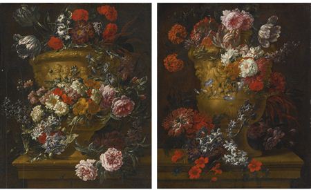STILL LIFES OF FLOWERS IN SCULPTED STONE URNS