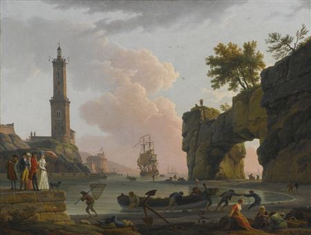 MEDITERRANEAN HARBOR AT SUNSET WITH THE ARTIST, HIS DAUGHTER EMILIE CHALGRIN, HIS SON CARLE VERNET, HIS DAUGHTER-IN-LAW, FANNY MOREAU, AND HIS SERVANT SAINT-JEAN, ON A PIER, A LIGHTHOUSE AND A NATURAL ARCH BEYOND by Claude-Joseph Vernet - Auction record, sale price, and art valuation. Compare with similar artists and explore comparable artworks.